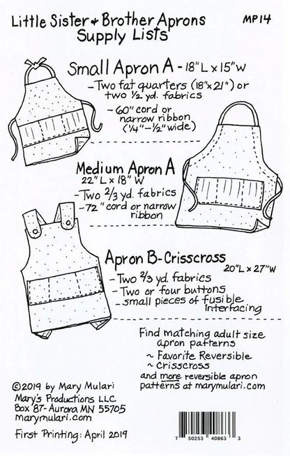 Mary Mulari Little Sister & Brother Reversible Apron Pattern - 3 Versions Per Pattern MP14