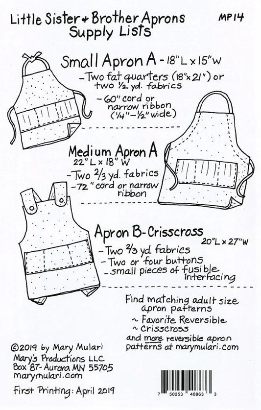 Mary Mulari Little Sister & Brother Reversible Apron Pattern - 3 Versions Per Pattern MP14