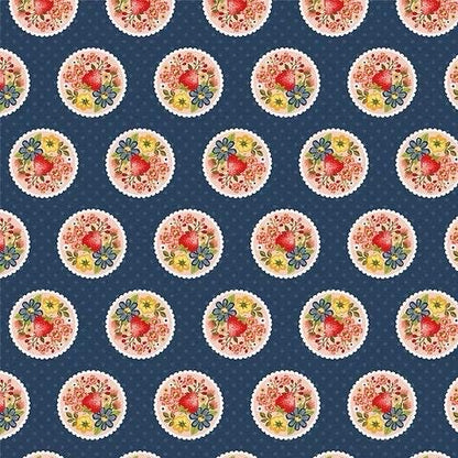 Poppie Cotton Betsy’s Sewing Box Fabric Collection Strawberry Pie on Blue Authentic Premium 100% Cotton Fabrics