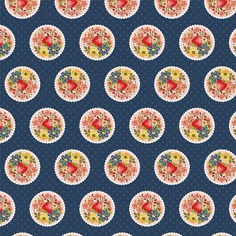 Poppie Cotton Betsy’s Sewing Box Fabric Collection Strawberry Pie on Blue Authentic Premium 100% Cotton Fabrics