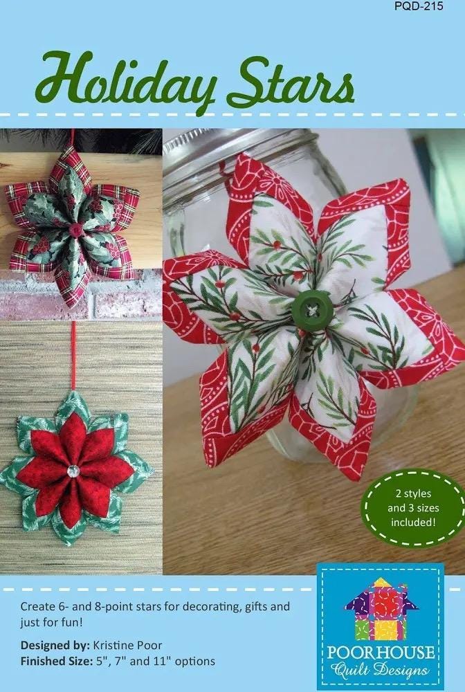 Poorhouse Quilt Designs Holiday Stars Ornament Pattern - 3 Size Variations Per Pattern
