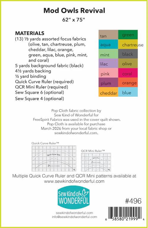 Sew Kind of Wonderful Mod Owls Revival Quilt Pattern #496 Finished Size: 62”x75” (SKW Rulers Sold Separately)