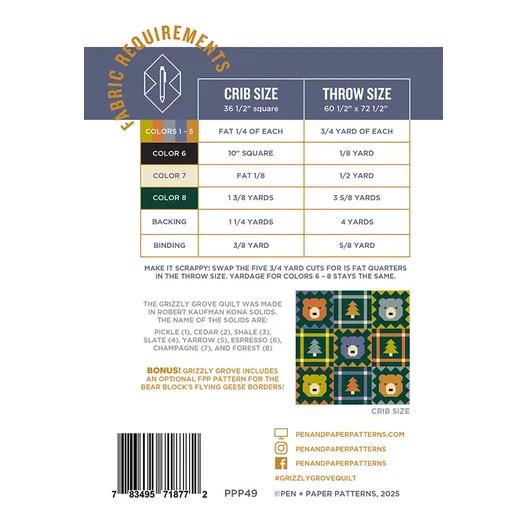 Pen + Paper Patterns Grizzly Grove Quilt Pattern - 2 Size Variations Per Pattern (Optional Fineline Glue Tip Sets)