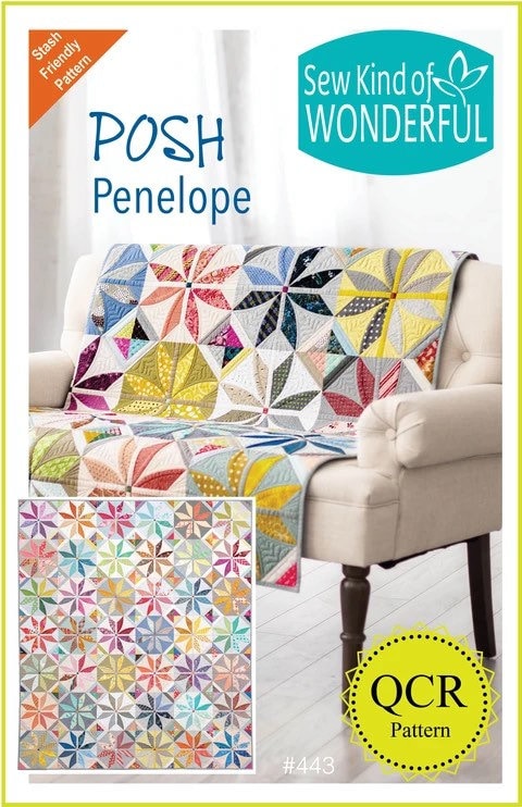 May include: A quilt pattern called 'Posh Penelope' by Sew Kind of Wonderful. The quilt features a colorful geometric design with a starburst pattern. The pattern is available as a downloadable PDF and is part of the QCR pattern collection #443.