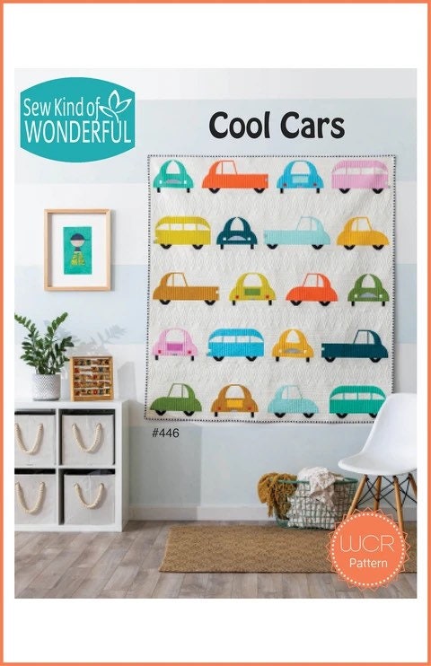 May include: A quilt pattern featuring a colorful design of cars. The quilt is white with a variety of colored cars in a repeating pattern. The quilt is labeled 'Cool Cars' and '#446'. The quilt pattern is from Sew Kind of Wonderful and WCR Pattern.