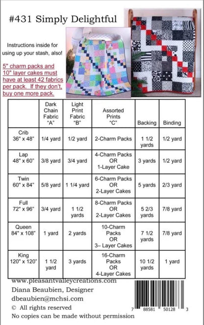 Pleasant Valley Creations Simply Delightful Quilt Pattern - 6 Size Variations Per Pattern