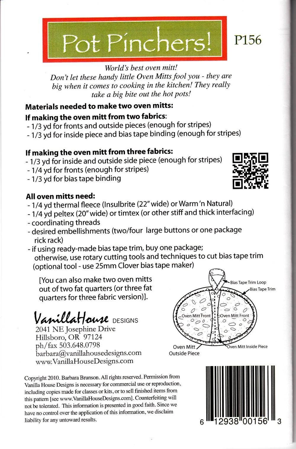 Vanilla House Designs Pot Pinchers! Pattern - The World's Best Oven Mitt Pattern P156