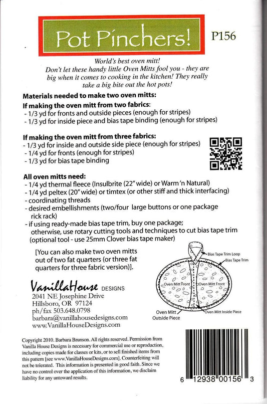 Vanilla House Designs Pot Pinchers! Pattern - The World's Best Oven Mitt Pattern P156