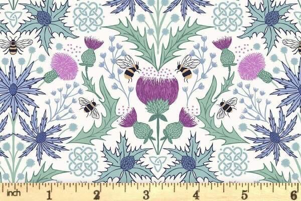 Lewis & Irene A Celtic Summer Fabric Collection Mirrored Thistle and Bees on Cream 989A Authentic Premium 100% Cotton Fabrics