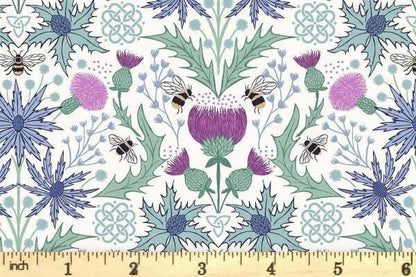 Lewis & Irene A Celtic Summer Fabric Collection Mirrored Thistle and Bees on Cream 989A Authentic Premium 100% Cotton Fabrics