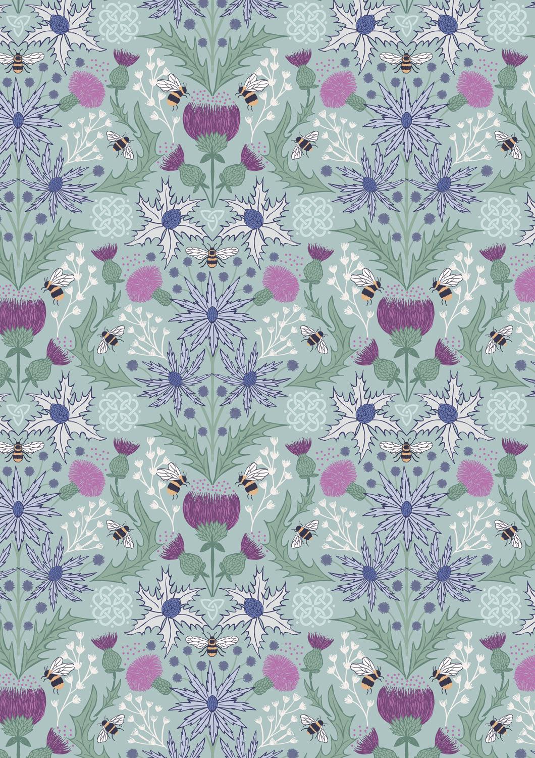 Lewis & Irene A Celtic Summer Fabric Collection Mirrored Thistle and Bees on Duck Egg 989B Authentic Premium 100% Cotton Fabrics