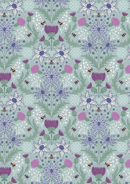 Lewis & Irene A Celtic Summer Fabric Collection Mirrored Thistle and Bees on Duck Egg 989B Authentic Premium 100% Cotton Fabrics