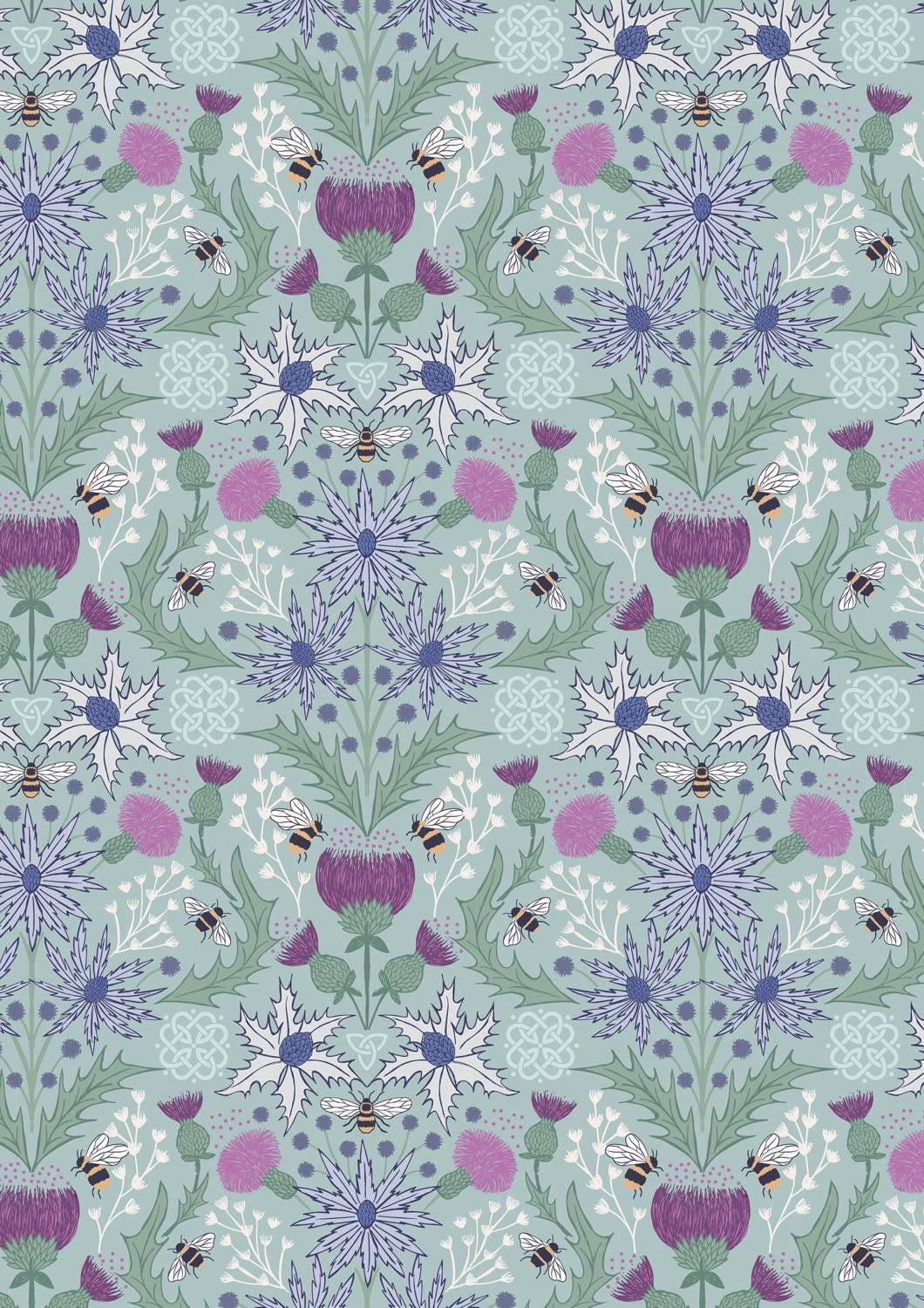 END OF BOLT 15" Lewis & Irene A Celtic Summer Fabric Collection Mirrored Thistle and Bees on Duck Egg 989B