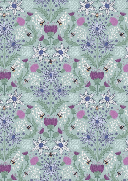 END OF BOLT 15" Lewis & Irene A Celtic Summer Fabric Collection Mirrored Thistle and Bees on Duck Egg 989B