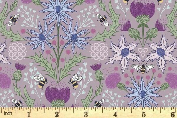 Lewis & Irene A Celtic Summer Fabric Collection Mirrored Thistle and Bees on Heather 989C Authentic Premium 100% Cotton Fabrics