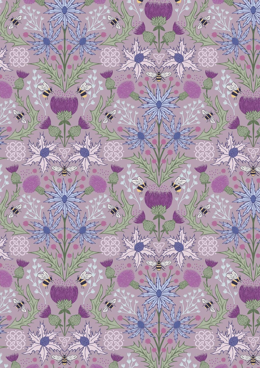 Lewis & Irene A Celtic Summer Fabric Collection Mirrored Thistle and Bees on Heather 989C Authentic Premium 100% Cotton Fabrics