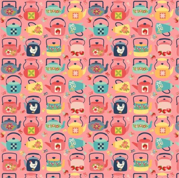 Poppie Cotton Betsy's Sewing Kit Fabric Collection Calico Tea Kettles on Pink Authentic Premium 100% Cotton Quilt Shop Quality Fabrics