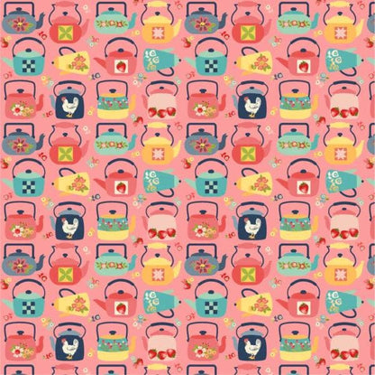 Poppie Cotton Betsy's Sewing Kit Fabric Collection Calico Tea Kettles on Pink Authentic Premium 100% Cotton Quilt Shop Quality Fabrics