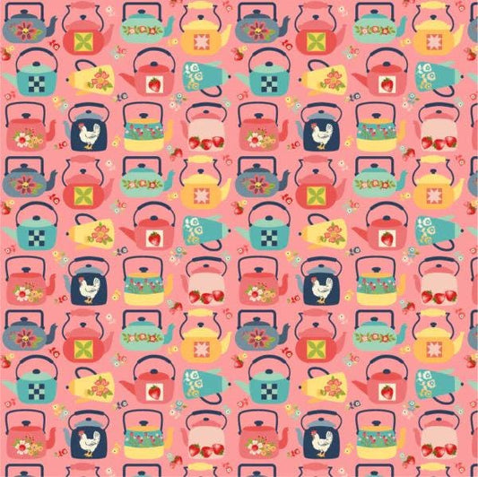 Poppie Cotton Betsy's Sewing Kit Fabric Collection Calico Tea Kettles on Pink Authentic Premium 100% Cotton Quilt Shop Quality Fabrics