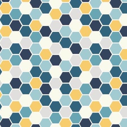 Maywood Studio Kimberbell Make Yourself at Home Fabric Collection Mini Hexagons Blue/Sunshine Authentic Premium 100% Cotton Fabric