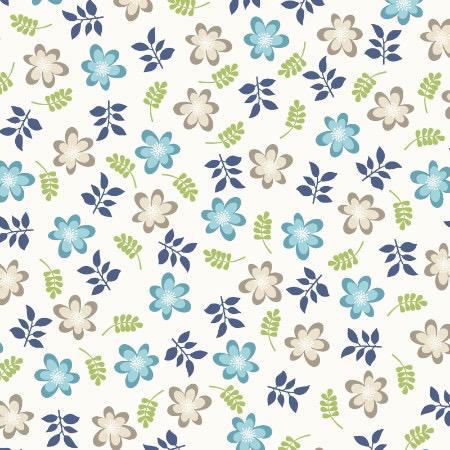 Maywood Studio Kimberbell Make Yourself at Home Fabric Collection Friendly Flowers on Soft White/Blue 100% Cotton