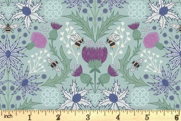 Lewis & Irene A Celtic Summer Fabric Collection Mirrored Thistle and Bees on Duck Egg 989B Authentic Premium 100% Cotton Fabrics