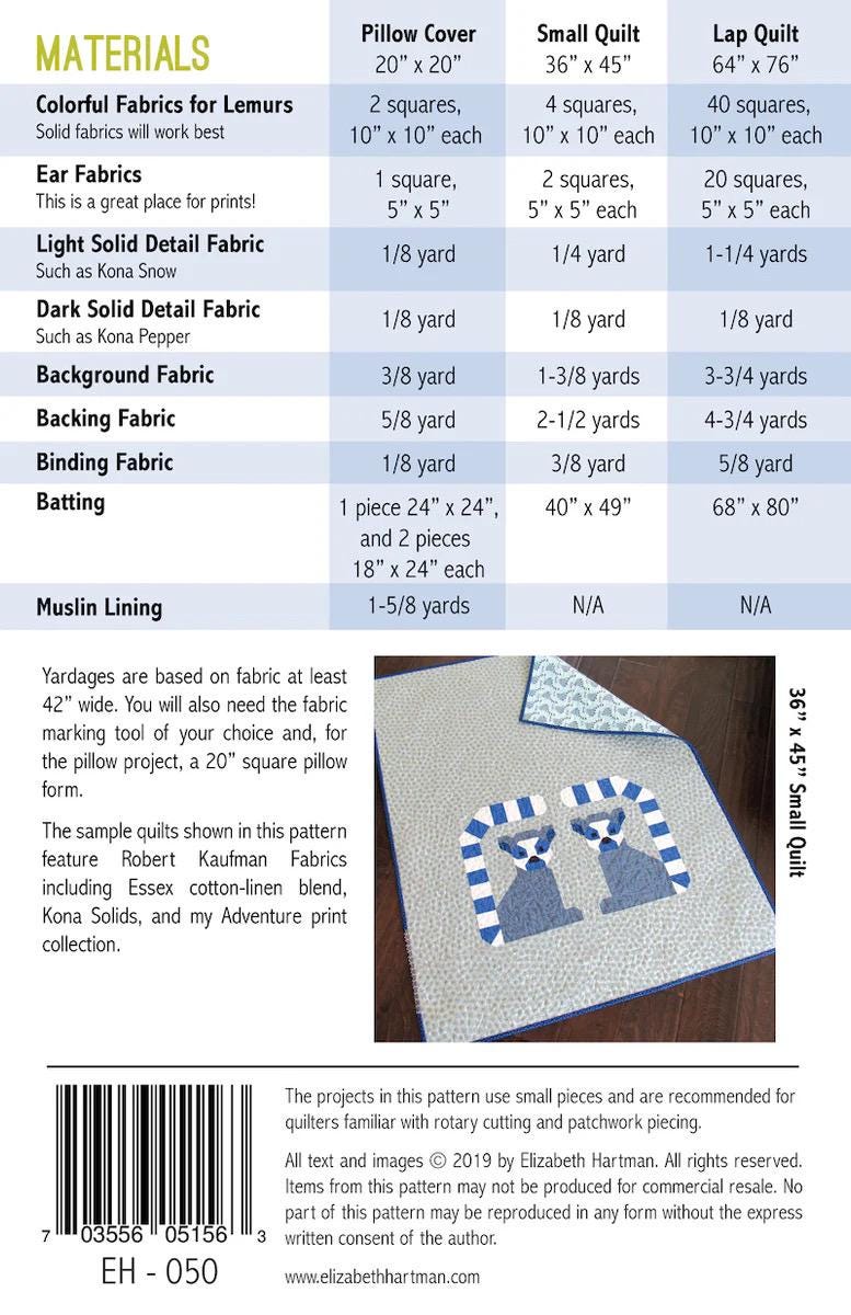 Elizabeth Hartman Lana Lemur Pattern - 3 Size Variations Per Pattern EH-050