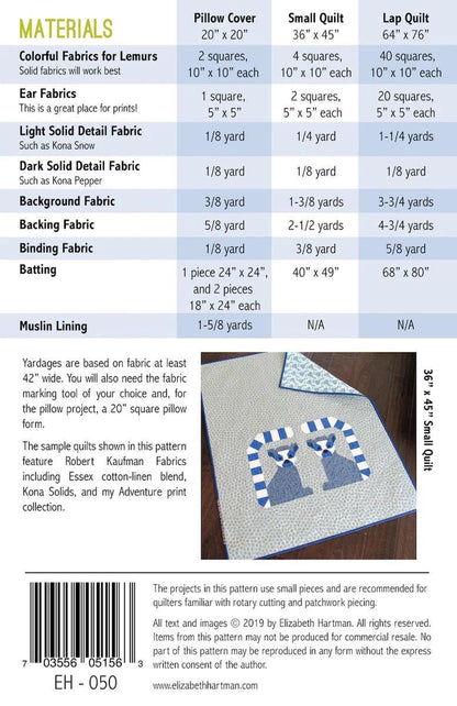 Elizabeth Hartman Lana Lemur Pattern - 3 Size Variations Per Pattern EH-050
