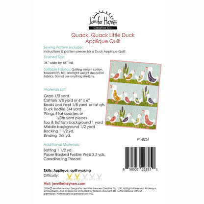 Jennifer Heynen Creative Co Quack Quack Little Duck Quilt Pattern PT-8251 Finished Size: 36"x48"