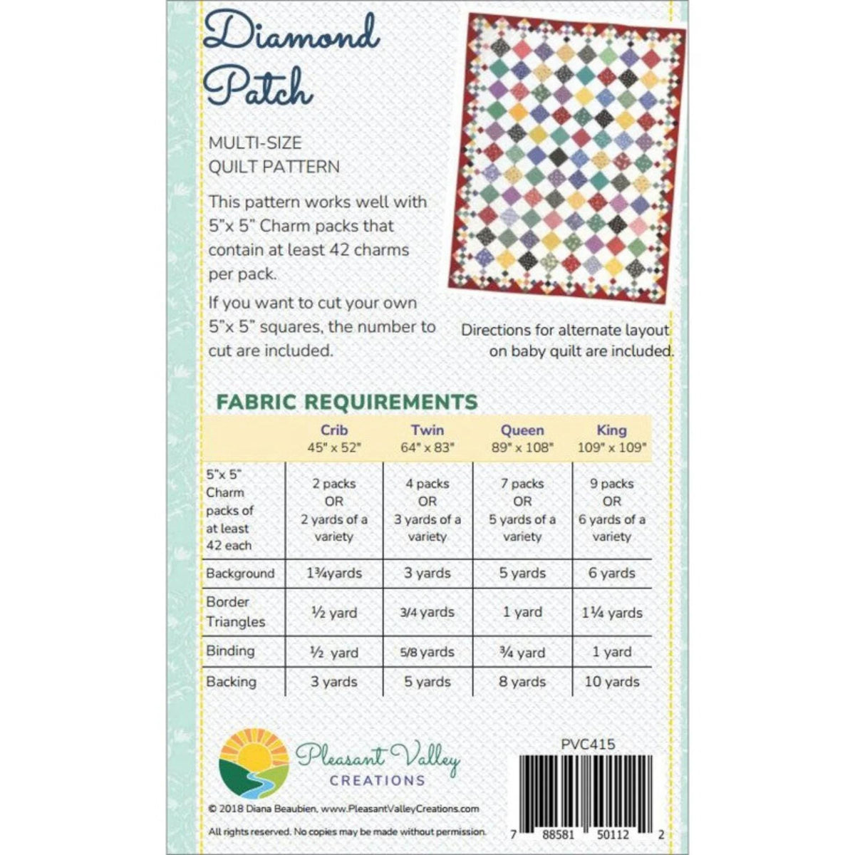 Pleasant Valley Creations Diamond Patch Quilt Pattern - 5 Size Variations Per Pattern