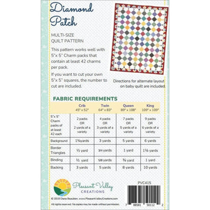 Pleasant Valley Creations Diamond Patch Quilt Pattern - 5 Size Variations Per Pattern