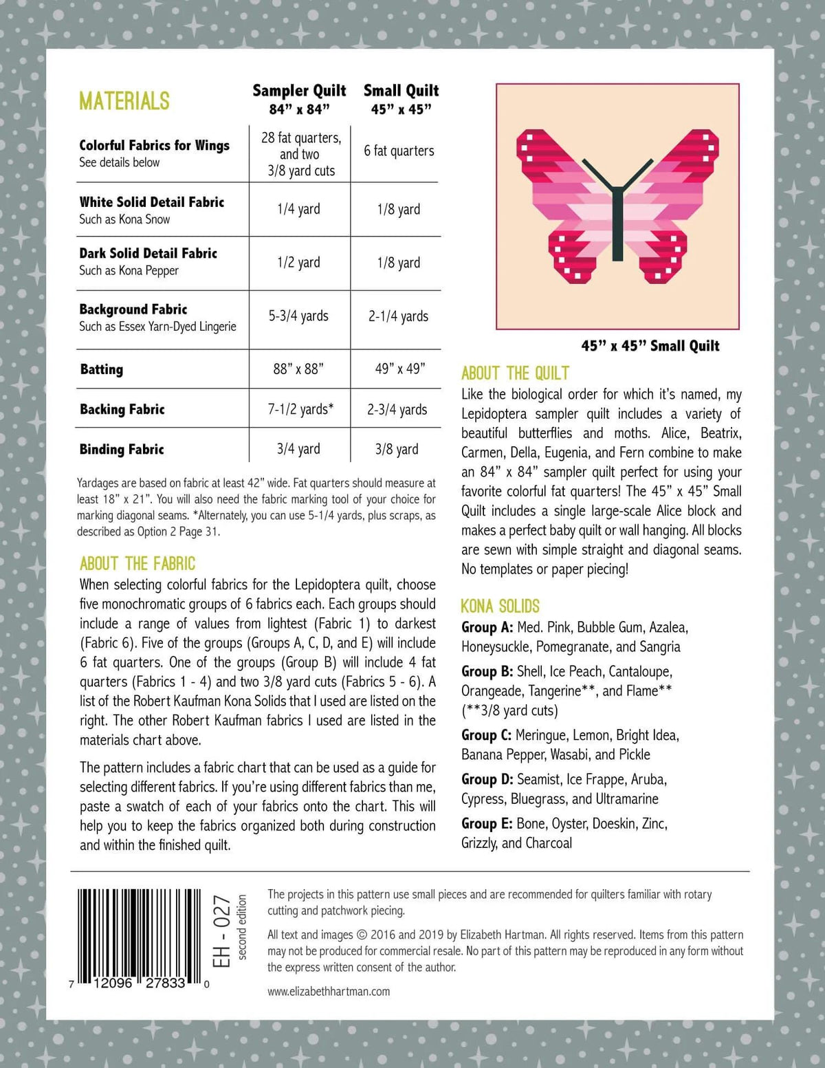 Elizabeth Hartman Lepidoptera Pattern - 2 Size Variations Per Pattern