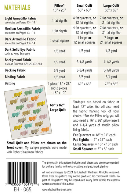 Elizabeth Hartman Armadillos Pattern - 3 Size Variations Per Pattern