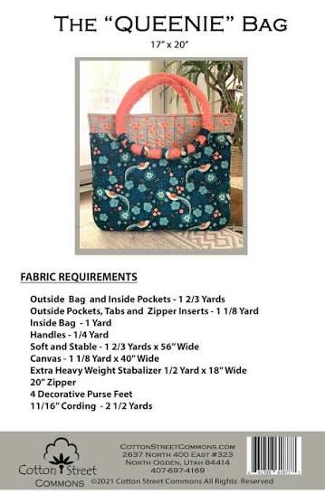 DIGITAL DOWNLOAD Cotton Street Commons The "Queenie" Bag Pattern Finished Size 17"x20"