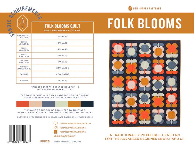 Pen + Paper Patterns Folk Blooms Quilt Pattern Finished Size: 56.5”x69” (Optional Fineline Glue Tip Sets)