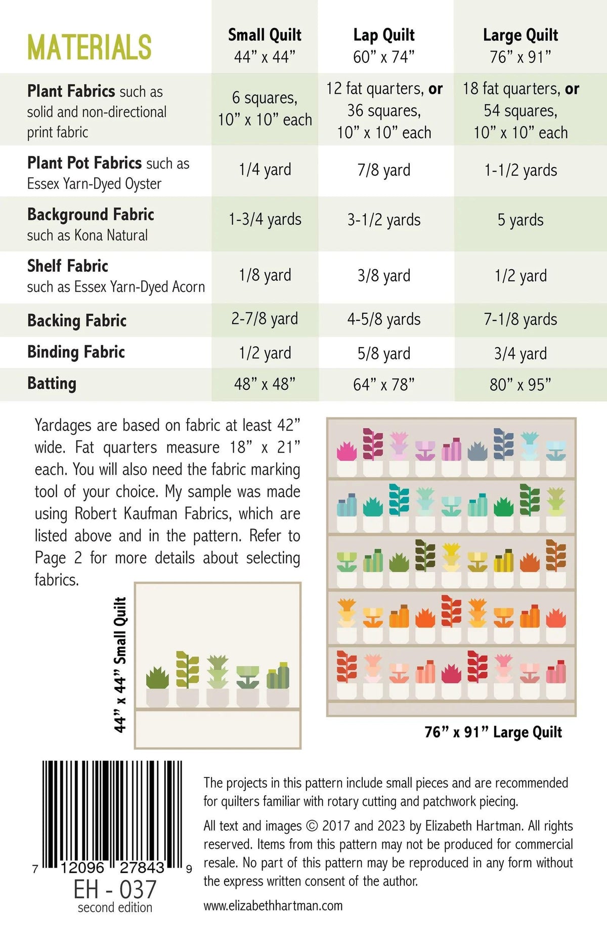 Elizabeth Hartman Greenhouse Pattern - 3 Size Variations Per Pattern