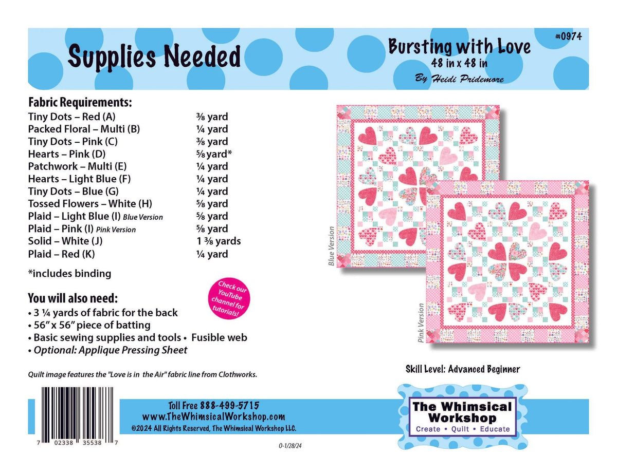 The Whimsical Workshop Burst of Love Quilt Pattern Finished Size: 48"x48"