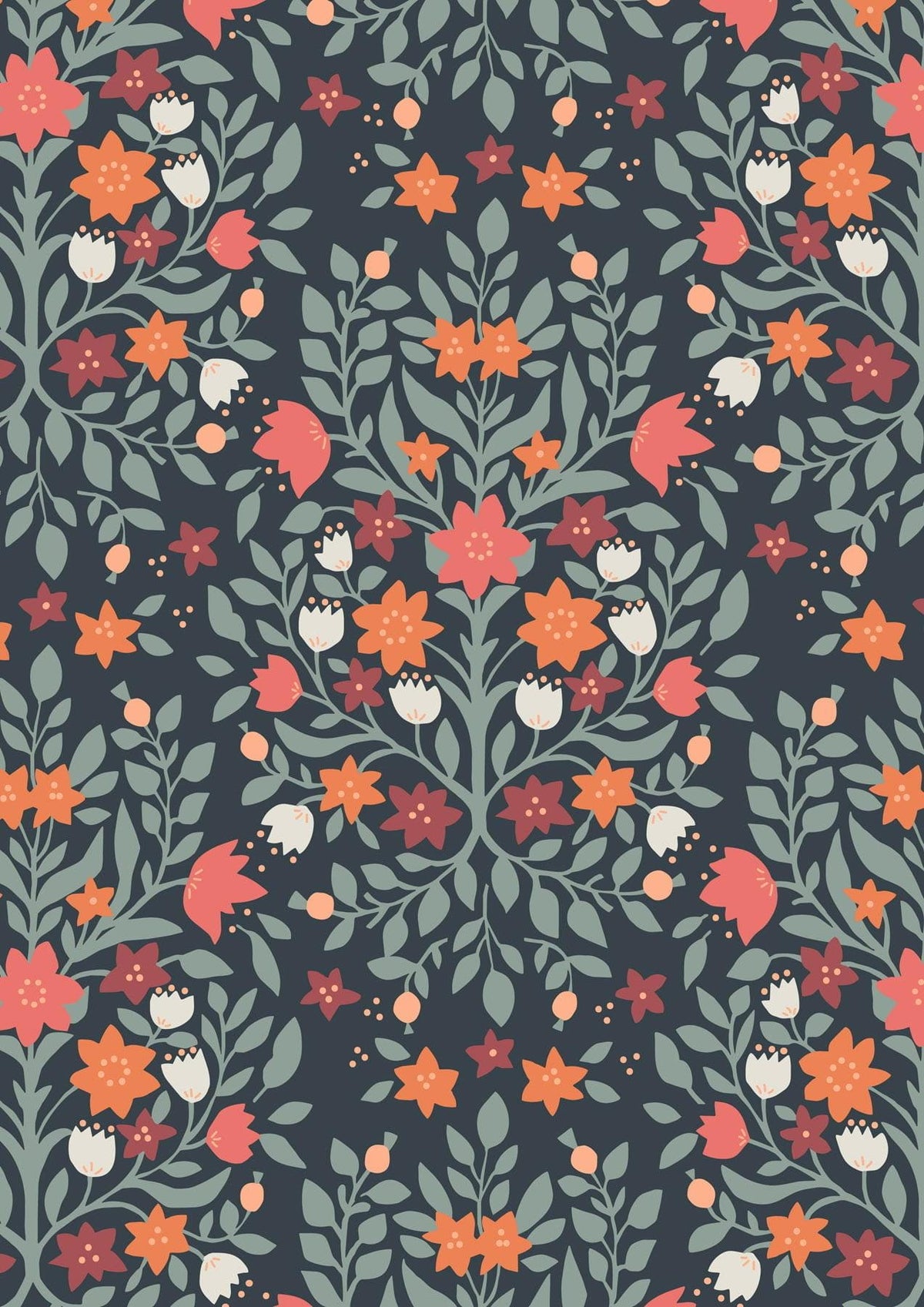 Lewis & Irene Folk Floral Fabric Collection Damask on Navy Blue Authentic Premium 100% Cotton Fabrics