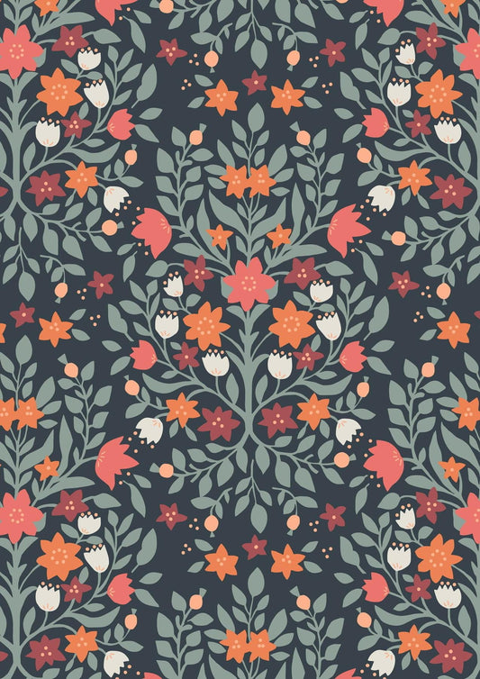 Lewis & Irene Folk Floral Fabric Collection Damask on Navy Blue Authentic Premium 100% Cotton Fabrics