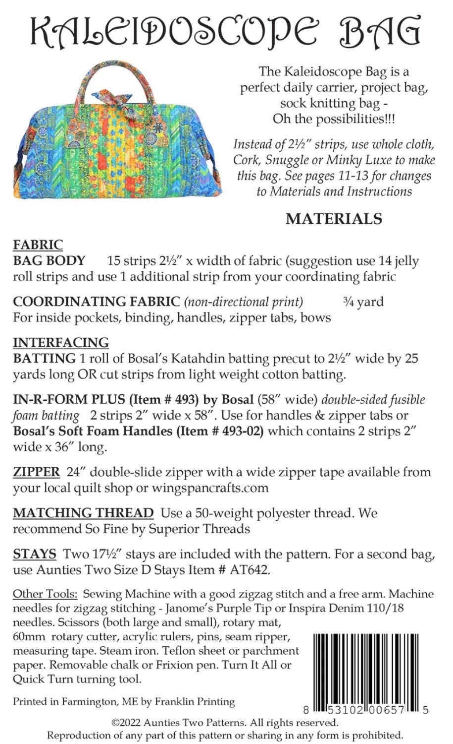 Aunties Two Kaleidoscope Bag Pattern Finished Size: 14"x8"x4"