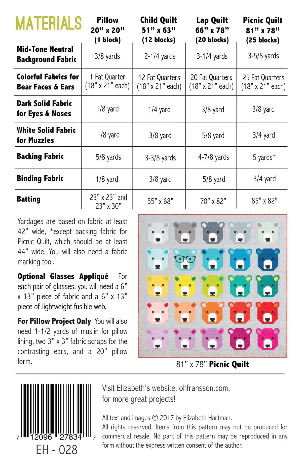 Elizabeth Hartman Bjorn Bear Pattern - 4 Size Variations Per Pattern