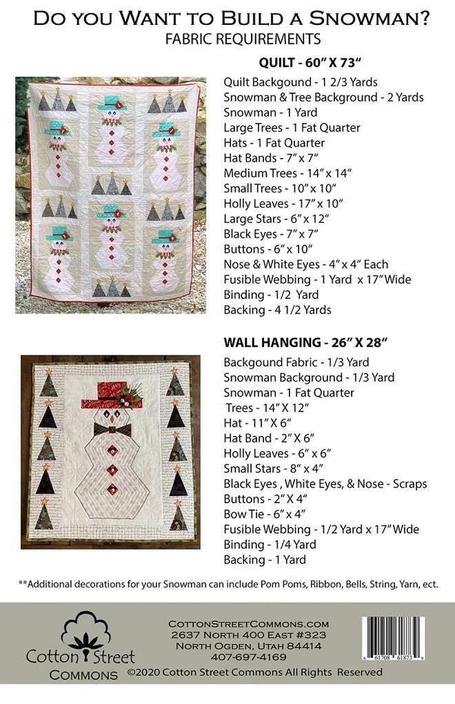 DIGITAL DOWNLOAD Cotton Street Commons Do You Want to Sew a Snowman? Quilt Pattern Finished Size 60"x73"