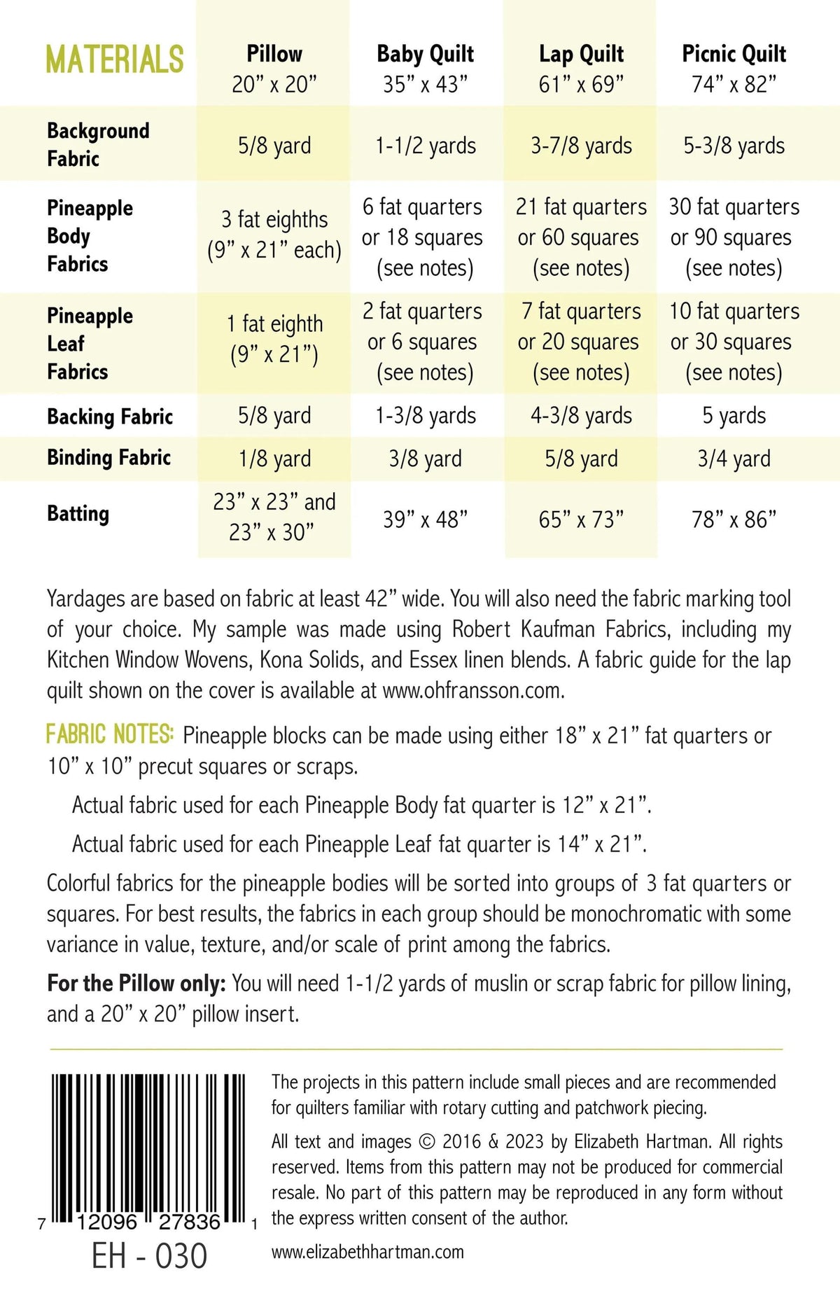 Elizabeth Hartman Pineapple Farm Pattern - 4 Size Variations Per Pattern
