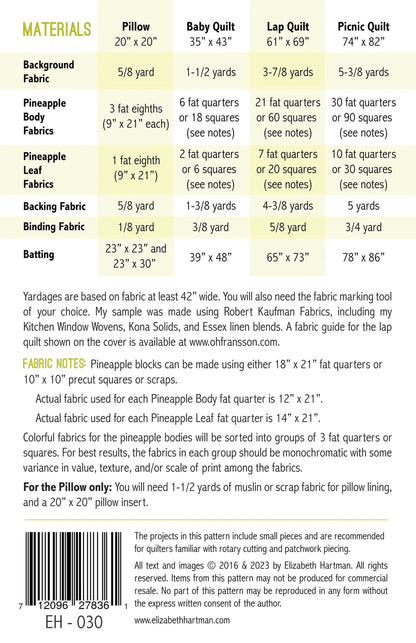 Elizabeth Hartman Pineapple Farm Pattern - 4 Size Variations Per Pattern