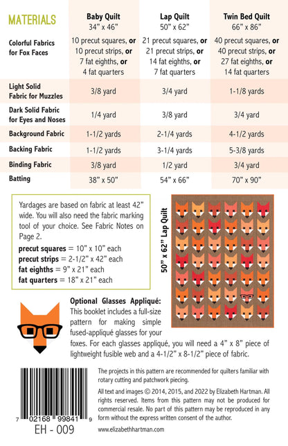 Elizabeth Hartman Fancy Fox Pattern - 3 Size Variations Per Pattern