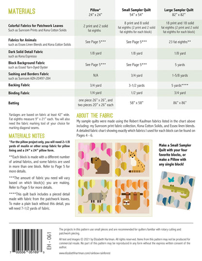 Elizabeth Hartman Rainbow Rainforest Sampler Quilt & Pillow Pattern - 2 Size Variations Per Pattern