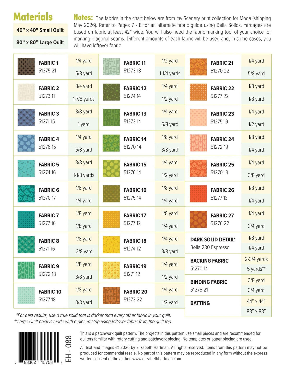 Elizabeth Hartman Outdoors Pattern EH-088 - 2 Size Variations Per Pattern