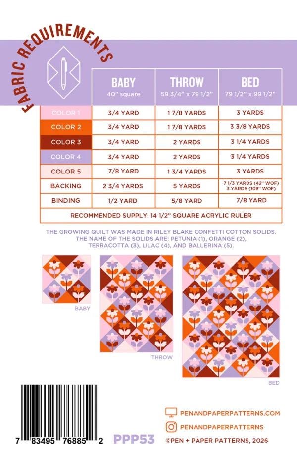 Pen + Paper Patterns Growing Quilt Pattern - 3 Size Variations Per Pattern PPP53 (Optional Fineline Glue Tip Sets Available)