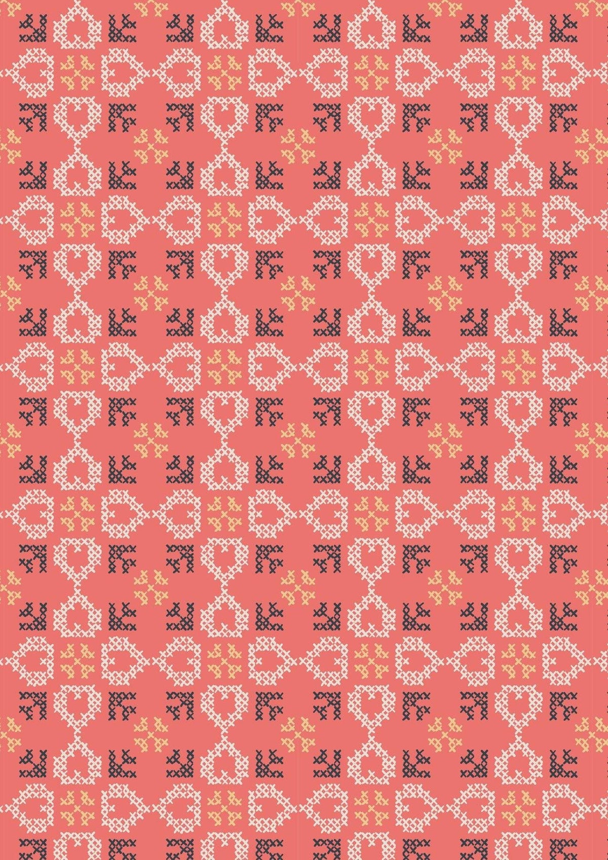 Lewis & Irene Folk Floral Fabric Collection Cross Stitch Hearts on Coral Authentic Premium 100% Cotton Fabrics