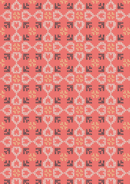 Lewis & Irene Folk Floral Fabric Collection Cross Stitch Hearts on Coral Authentic Premium 100% Cotton Fabrics